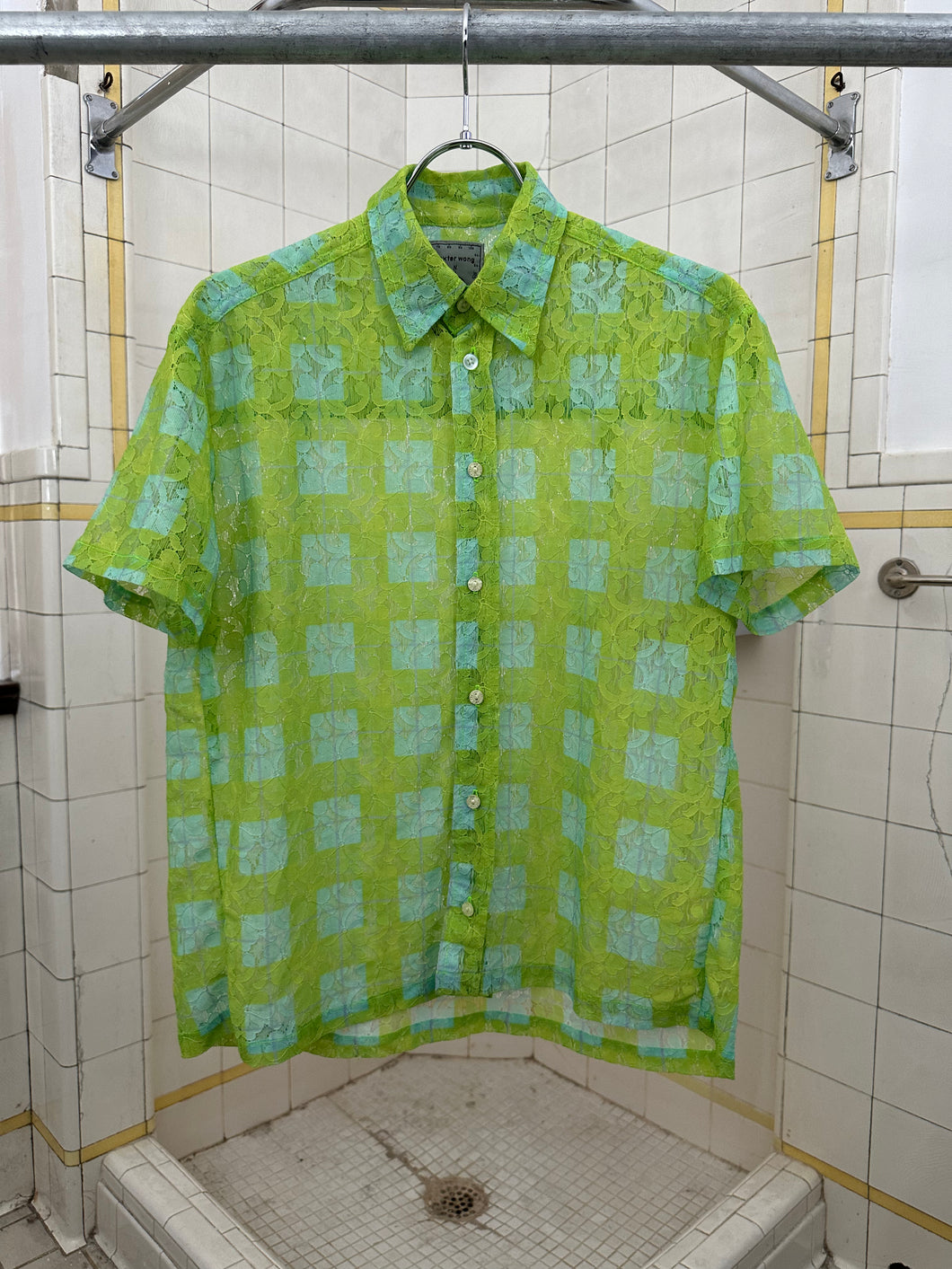 1990s Dexter Wong Green Floral Lace Shirt - Size M