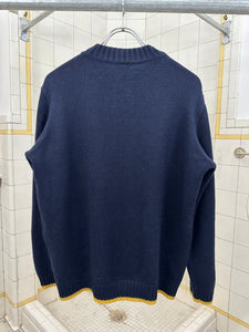 1990s Vintage Sideskid Navy Sweater with Yellow Hem and Printed Logo - Size M