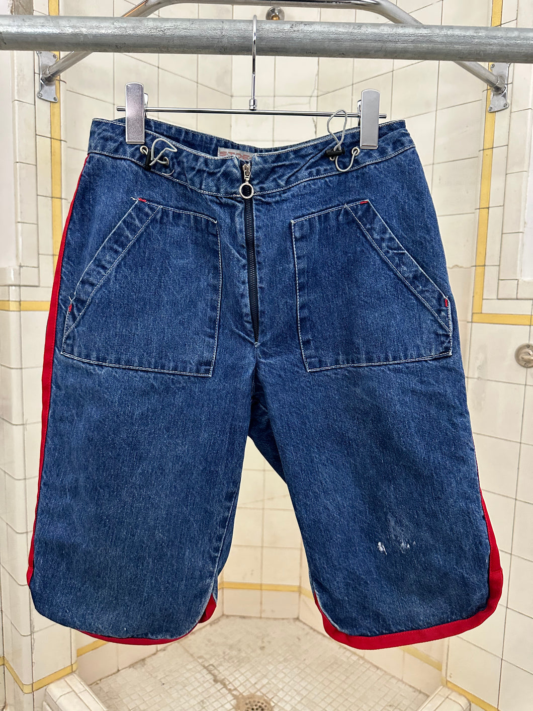 1990s Vintage Sideskid Women's Denim Shorts with Red Piping - Size Women's L
