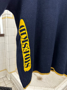 1990s Vintage Sideskid Navy Sweater with Yellow Hem and Printed Logo - Size M