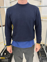 Load image into Gallery viewer, 1990s Vintage Sideskid Navy Sweater with Yellow Hem and Printed Logo - Size M
