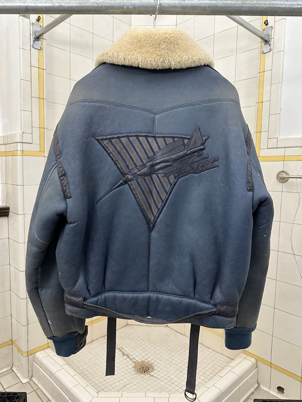 aw1983 Claude Montana Blue Fighter Jet Shearling Jacket - Size L