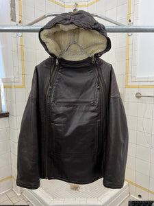 1990s Armani Heavy Brown Leather and Boa Lined Hooded Dual Closure Jacket - Size XL