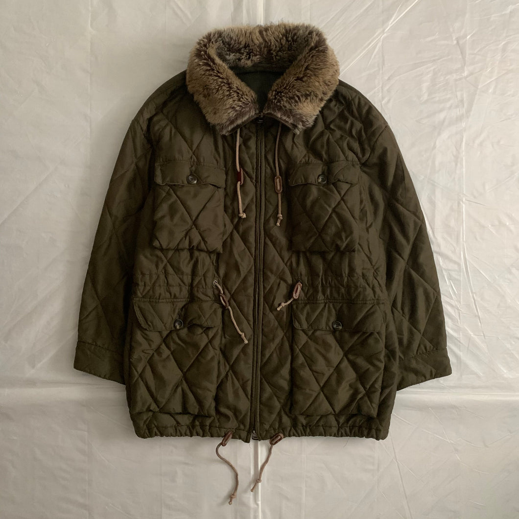 1990s Armani Olive Quilted M65 Field Jacket with Fur Collar - Size M