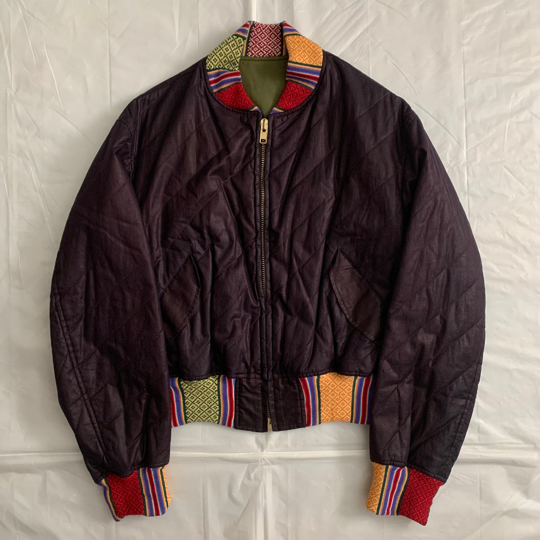 ss1993 Yohji Yamamoto Quilted Cropped Bomber with Ethnic Knitted Ribbing Details - Size OS