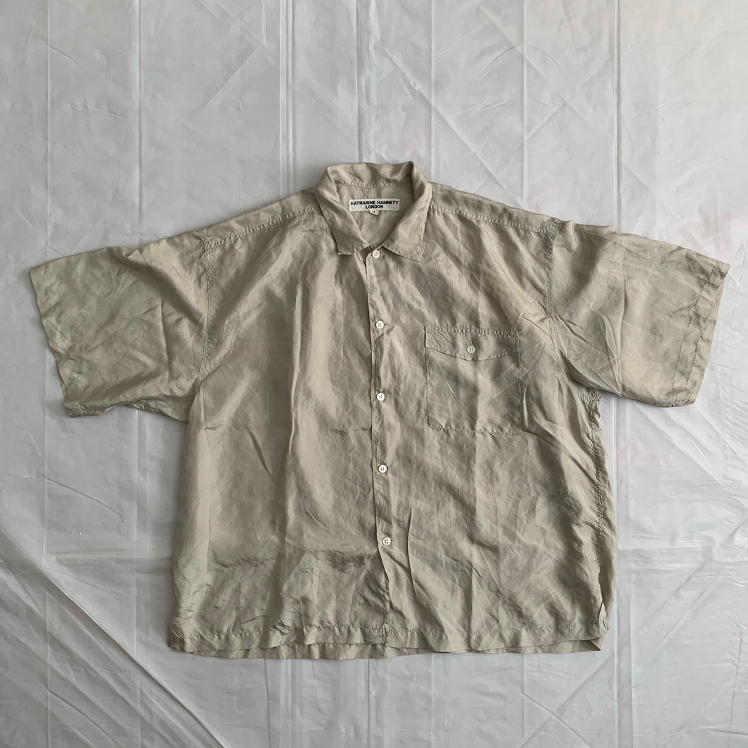 1990s Katharine Hamnett Beige Silk Pocket Short Sleeve Shirt - Size L