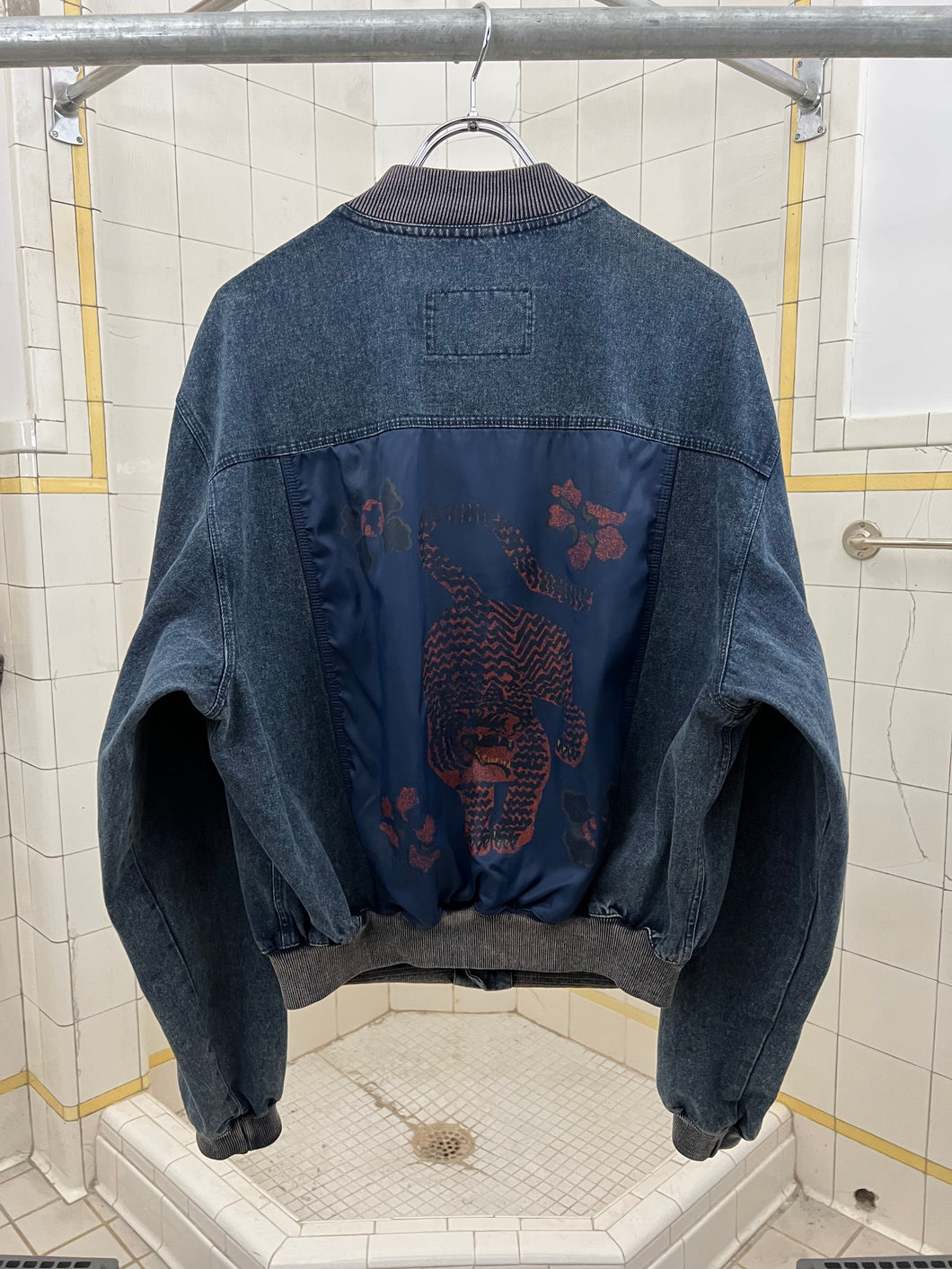 1980s Armani Cropped Denim Bomber Jacket with Oriental Tiger Backpatch - Size L