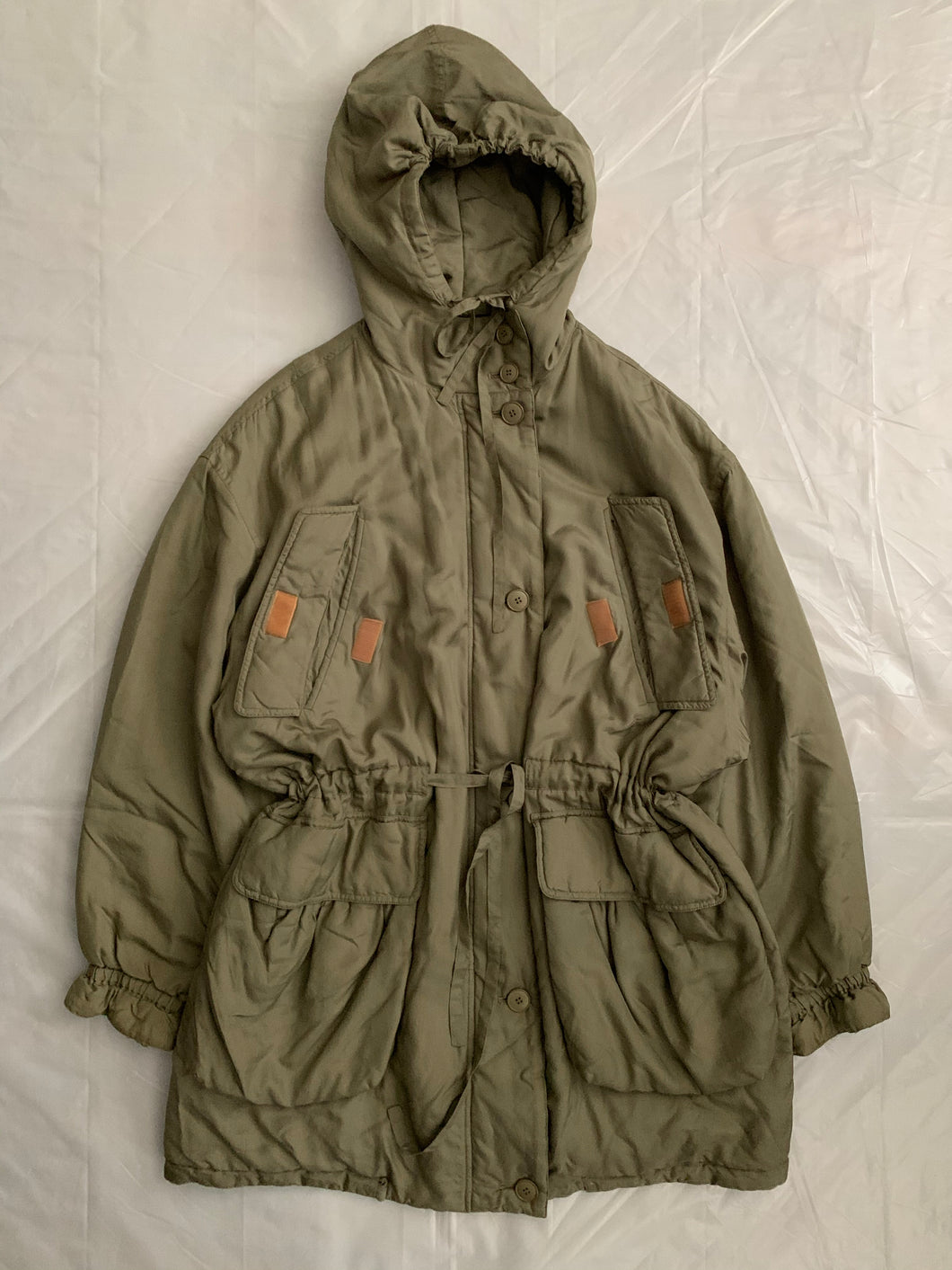 1990s Katharine Hamnett Khaki Silk Military Parka - Size XL