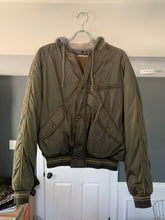 Load image into Gallery viewer, 1990s Armani Olive Nylon Bomber Jacket with Removable Hood - Size S