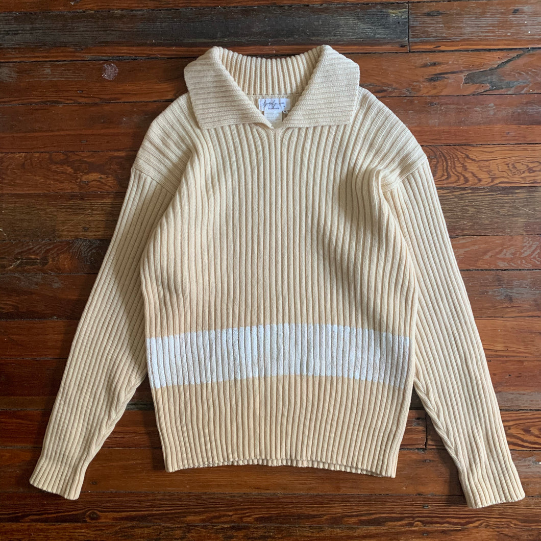 1990s Yohji Yamamoto Hand Painted White Stripe Beige Wool Sweater - Size M