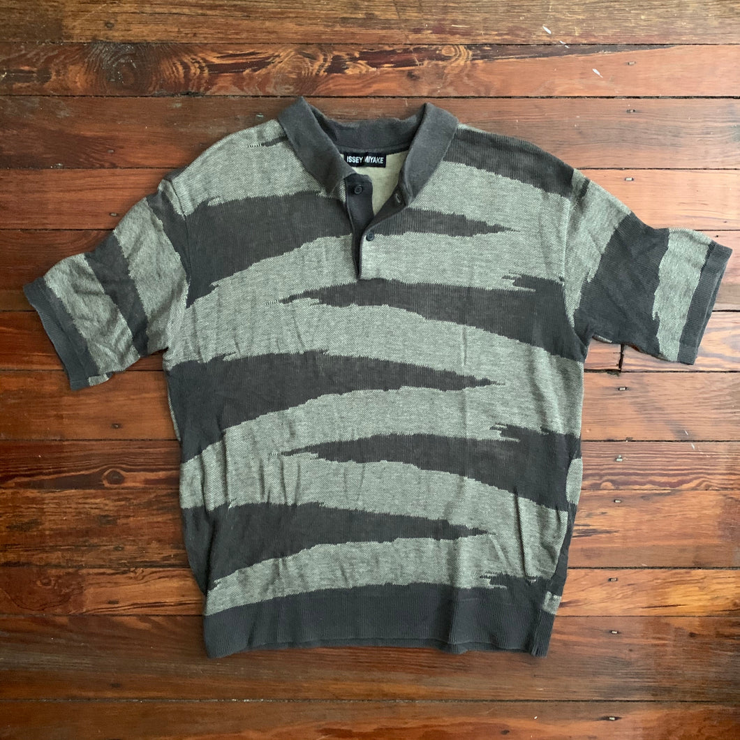 1990s Issey Miyake Earth Tone Woven Graphic Polo - Size M