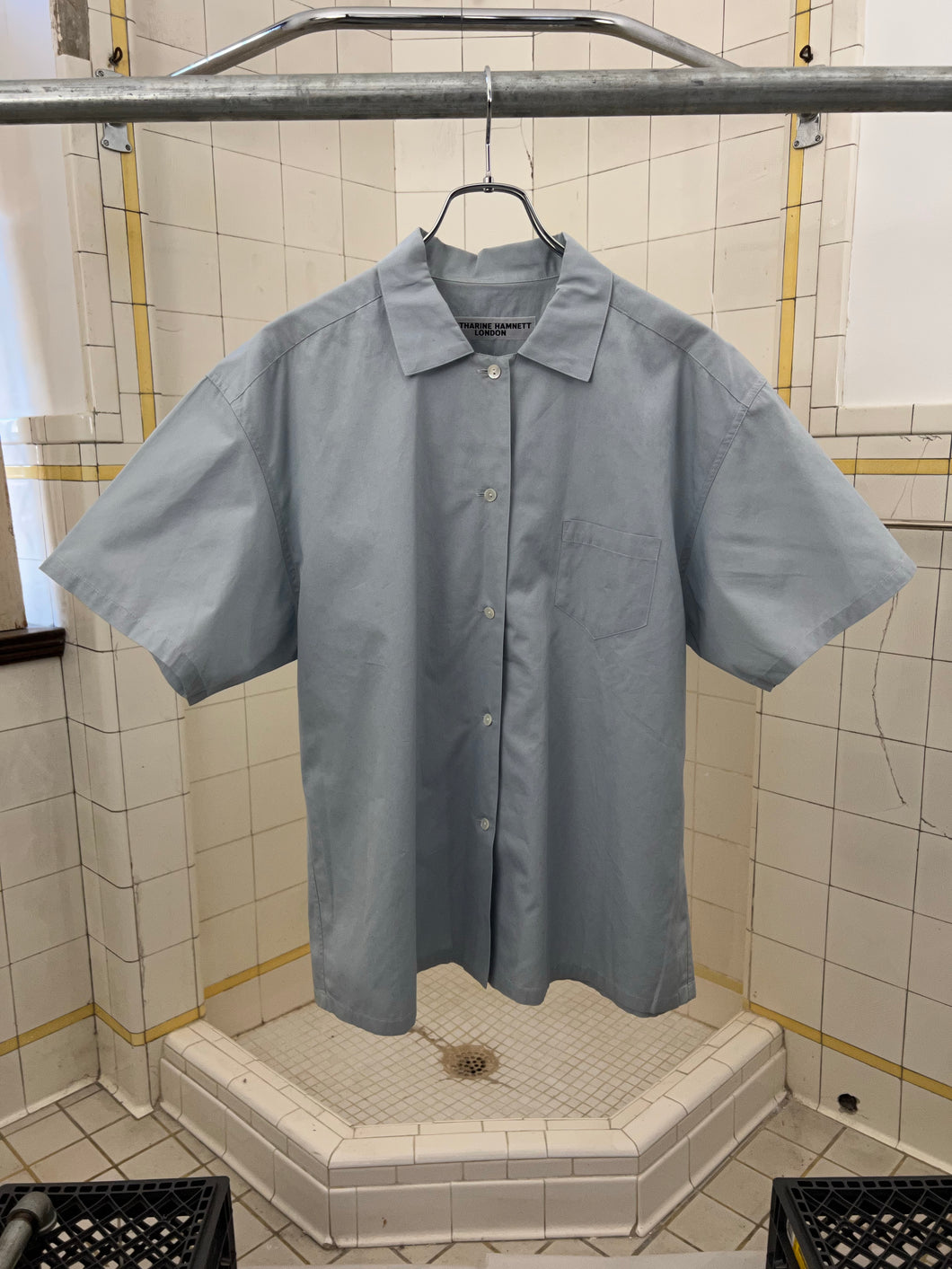 1980s Katharine Hamnett Baby Blue Cotton Short Sleeve Shirt - Size M