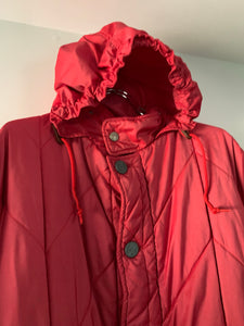 1990s Armani Textured Iridescent Red Nylon Military Parka with Roll Hood - Size XL
