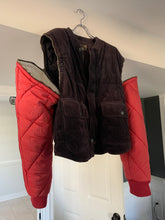 Load image into Gallery viewer, 1990s Armani Modular Hunting Jacket with Purple Corduroy Base and Red Quilted Nylon Sleeves - Size L