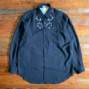 ss1996 Yohji Yamamoto Navy Wool Gaba Floral Cutout Shirt - Size XL