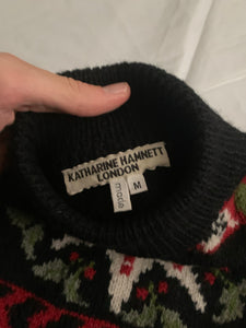 1990s Katharine Hamnett Graphic Intarsia Turtleneck Sweater - Size XL