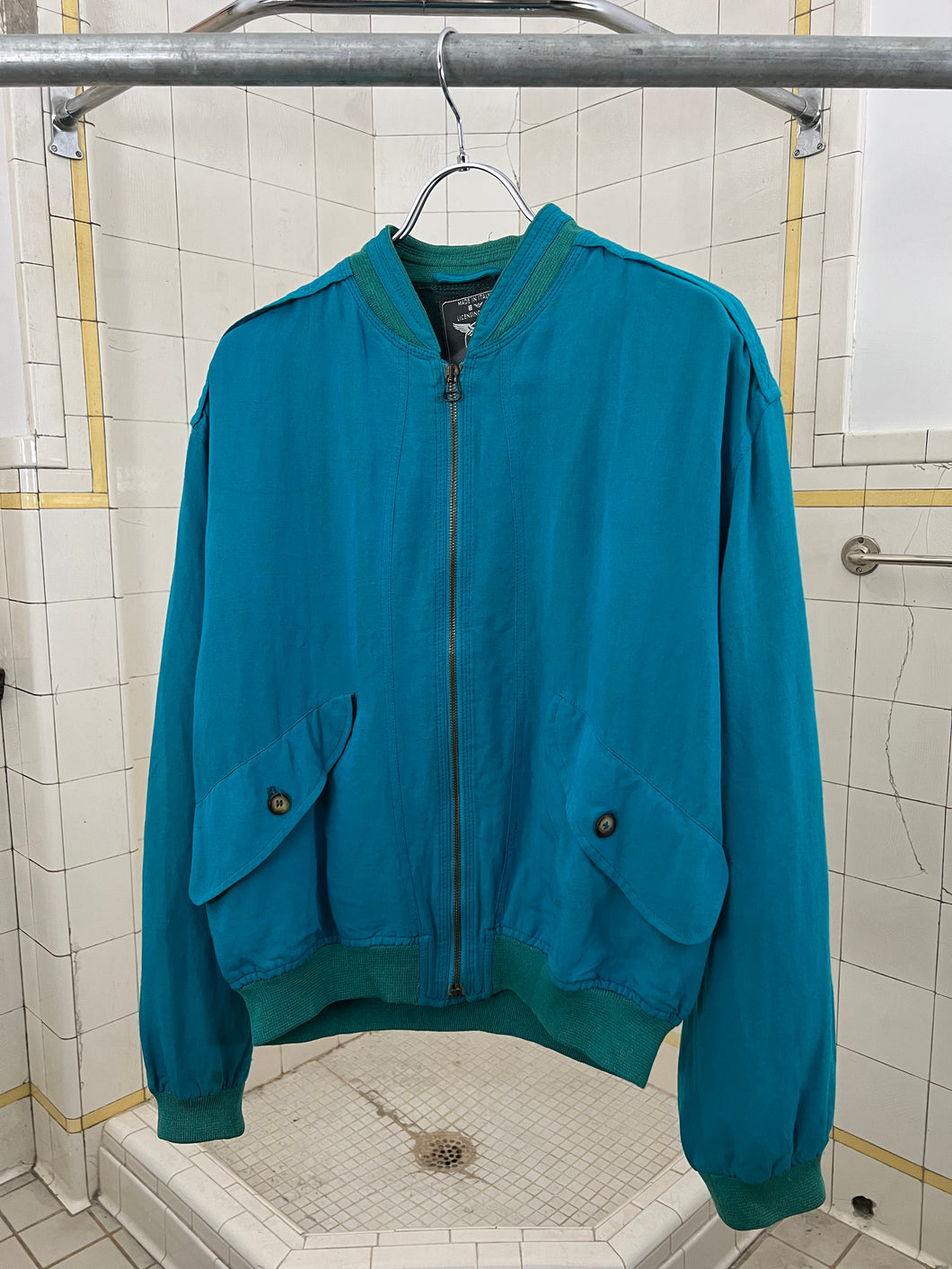 1980s Armani Blue Bomber Jacket with Ribbed Collar Trim - Size M
