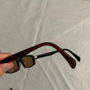 2000s Yohji Yamamoto Black Rectangular Sunglasses with Vibrant Red Wiring - Size OS